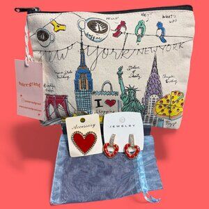 NEW YORK CITY POUCH WITH HEART EARRINGS AND RING IN RED